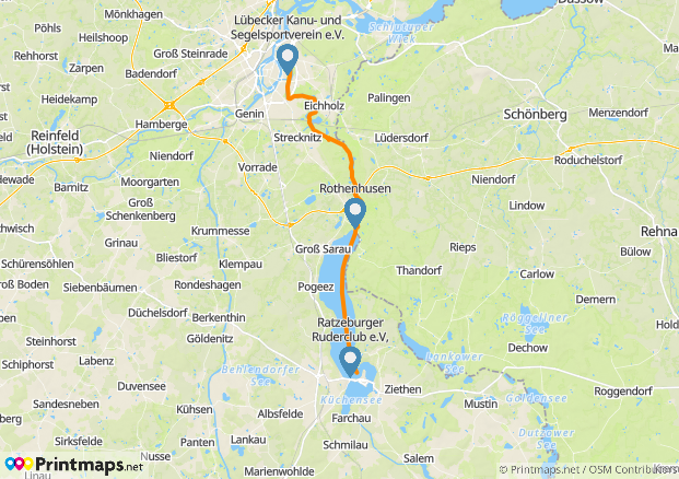 Karte der Gewässer Elbe-Lübeck-Kanal, Elbe und Elbe-Seiten-Kanal. Die Schleusen Witzeeze und Lauenburg, sowie die Rudergesellschaft Lauenburg der SV Scharnebeck und der Ruder-Club 'Welle' Bardowick sind besonders hervorgehoben. Die absolvierte Strecke ist orange hervorgehoben