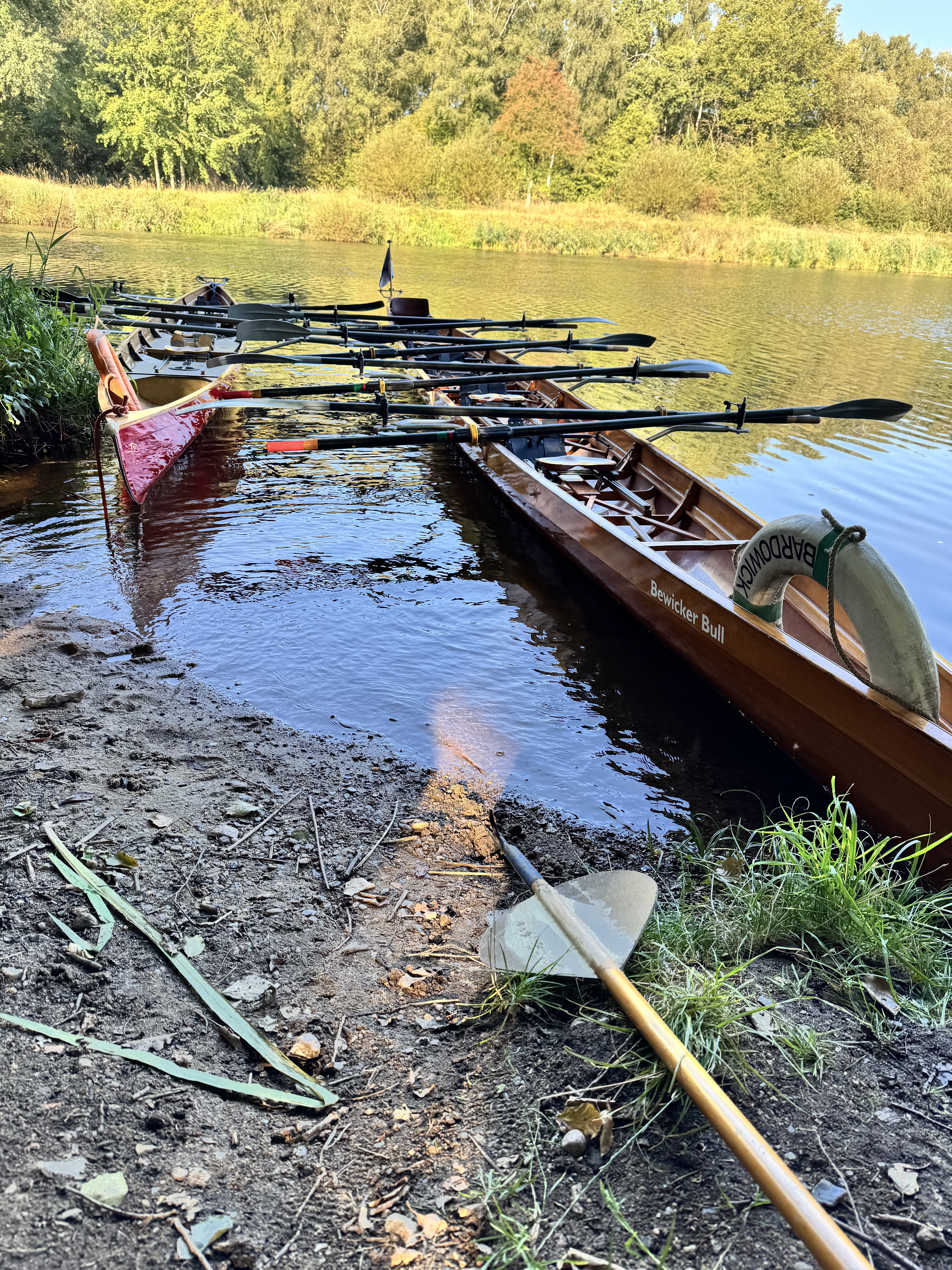 Zwei Ruderboote am Ufer des Elbe-Lübeck-Kanals. Im Hintergrund eine schöne natürliche Landschaft. Die Umgebung spiegelt sich im Wasser. Am Ufer liegt ein Enterhaken.